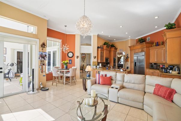 Chandelier, Dining room, Interior, Kitchen, Living room, Pendant Lights, Recessed Lighting, Stainless Steel Appliances