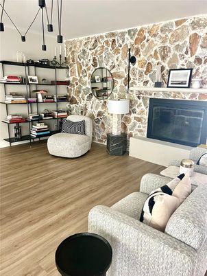Fireplace, Interior, Living room, Pendant Lights, Wood Texture Flooring