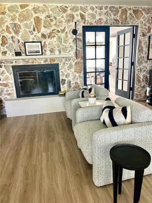 Fireplace, Interior, Living room, Stone Walls, Wood Texture Flooring