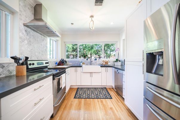 Interior, Kitchen, Recessed Lighting, Stainless Steel Appliances, Wood Texture Flooring