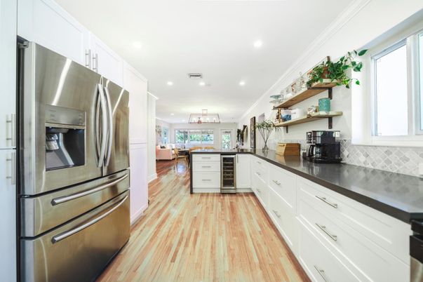 Chandelier, Interior, Kitchen, Pendant Lights, Recessed Lighting, Stainless Steel Appliances, Wood Texture Flooring
