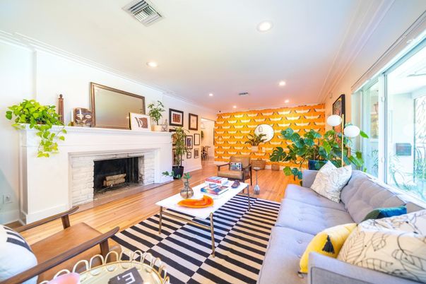 Fireplace, Interior, Living room, Recessed Lighting, Wood Texture Flooring