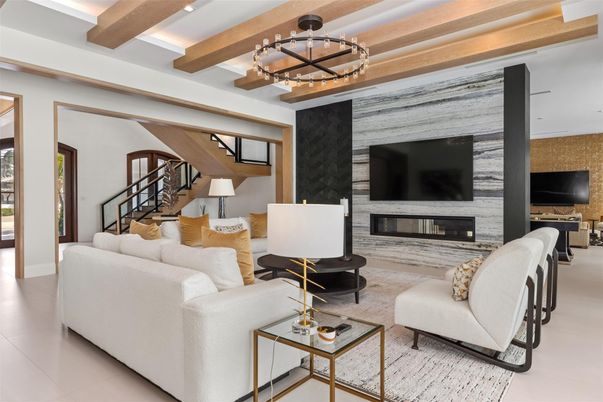 Fireplace, Interior, Living room, Pendant Lights, Recessed Lighting, Wooden Beams