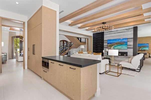 Fireplace, Interior, Kitchen, Living room, Pendant Lights, Recessed Lighting, Stainless Steel Appliances, Wooden Beams