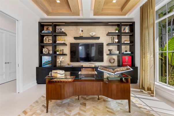 Home Office, Interior, Piano, Recessed Lighting, Stone Walls, Wooden Ceilings, Wood Texture Flooring