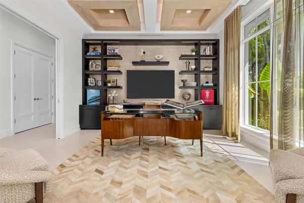 Home Office, Interior, Recessed Lighting, Stone Walls, Wood Texture Flooring