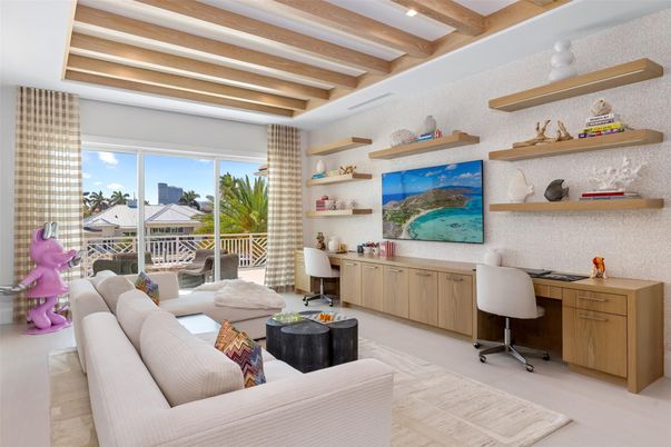 Home Office, Interior, Living room, Recessed Lighting, Wooden Beams