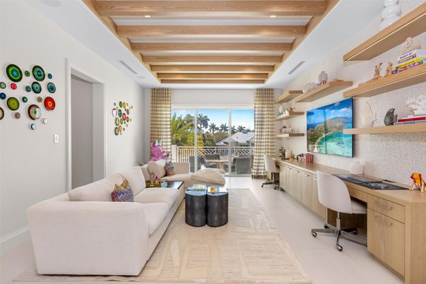 Home Office, Interior, Living room, Recessed Lighting, Wooden Beams, Wood Texture Flooring