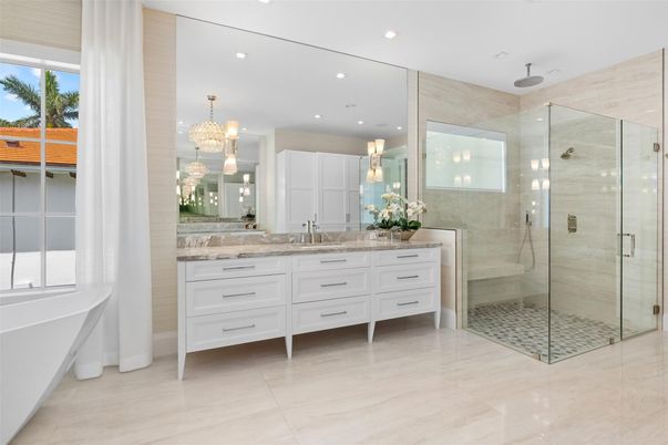 Bathroom, Chandelier, Dual Sink Vanities, Glass Shower, Interior, Recessed Lighting