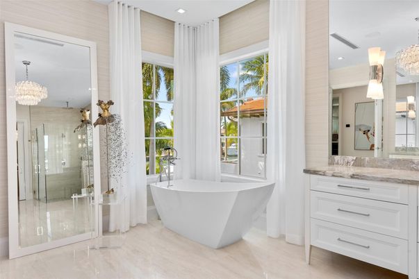 Bathroom, Chandelier, Free Standing Baths, Glass Shower, Interior, Recessed Lighting