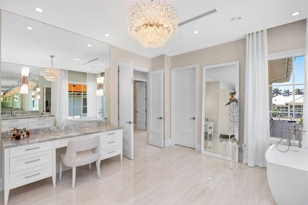Bathroom, Chandelier, Dual Sink Vanities, Free Standing Baths, Interior, Marble, Recessed Lighting