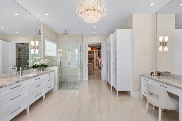 Bathroom, Chandelier, Dual Sink Vanities, Glass Shower, Interior, Marble, Recessed Lighting, Walk-in Closets
