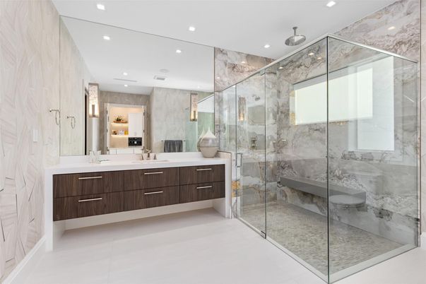 Bathroom, Dual Sink Vanities, Glass Shower, Interior, Marble Walls, Recessed Lighting