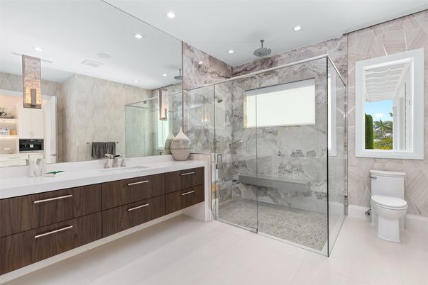 Bathroom, Dual Sink Vanities, Glass Shower, Interior, Marble Walls, Recessed Lighting