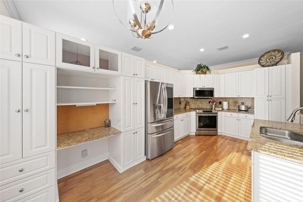 Interior, Kitchen, Recessed Lighting, Stainless Steel Appliances, Wood Texture Flooring