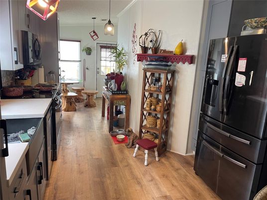 Dining room, Interior, Kitchen, Pendant Lights, Wood Texture Flooring