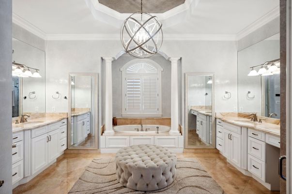 Bathroom, Chandelier, Dual Sink Vanities, Interior, Pendant Lights