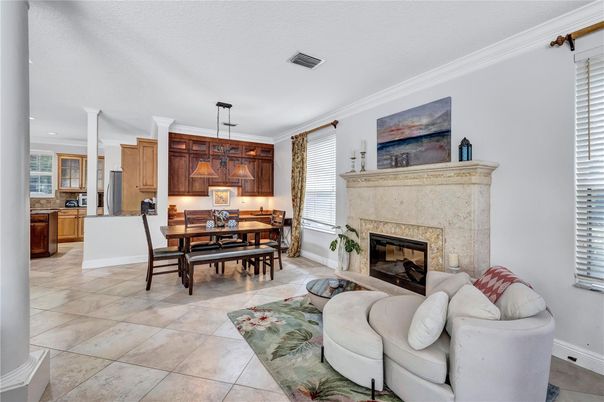 Dining room, Fireplace, Interior, Kitchen, Pendant Lights, Recessed Lighting