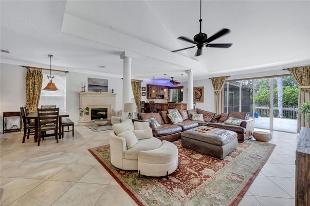 Dining room, Fireplace, Interior, Living room, Pendant Lights