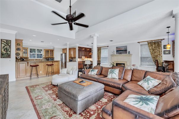 Fireplace, Interior, Kitchen, Living room, Pendant Lights, Recessed Lighting