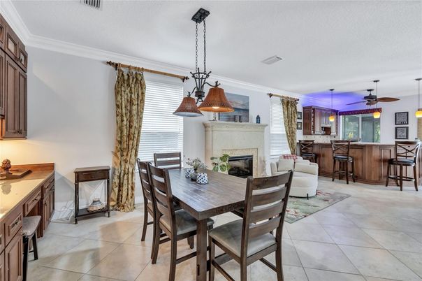 Dining room, Fireplace, Interior, Pendant Lights