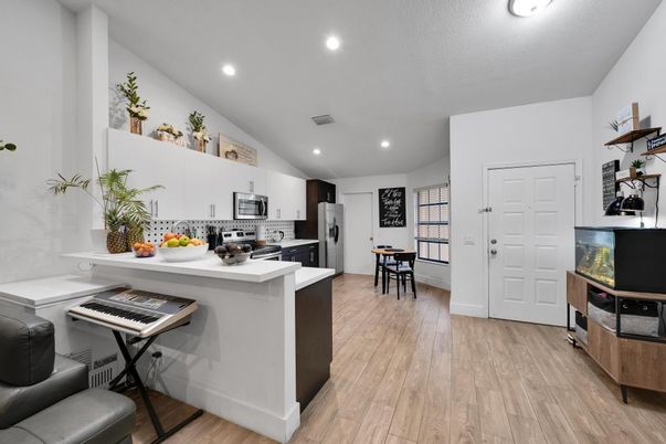 Interior, Kitchen, Recessed Lighting, Stainless Steel Appliances, Wood Texture Flooring