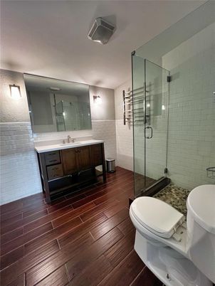 Bathroom, Glass Shower, Interior, Wood Texture Flooring