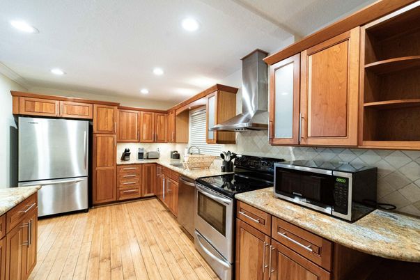 Interior, Kitchen, Recessed Lighting, Stainless Steel Appliances, Wood Texture Flooring