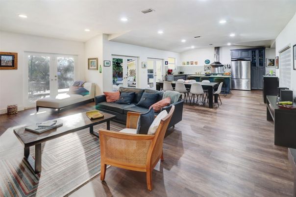 Dining room, Interior, Kitchen, Living room, Recessed Lighting, Stainless Steel Appliances, Wood Texture Flooring