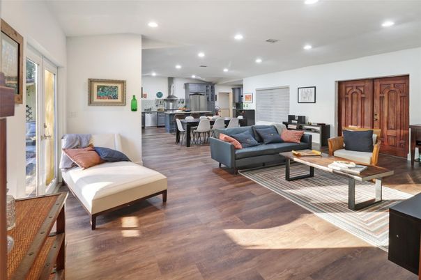 Dining room, Interior, Kitchen, Living room, Recessed Lighting, Stainless Steel Appliances, Wood Texture Flooring