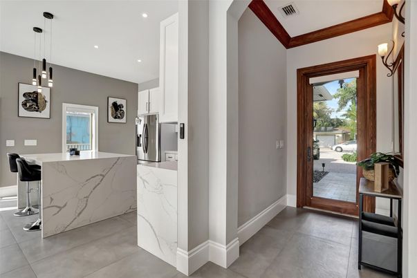 Interior, Kitchen, Marble Walls, Pendant Lights, Recessed Lighting