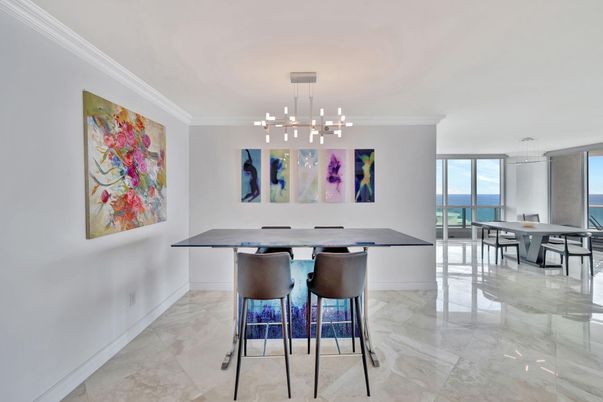 Dining room, Interior, Marble, Pendant Lights, Water