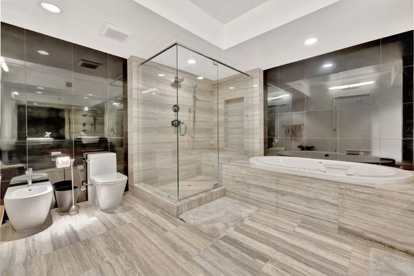 Bathroom, Dual Sink Vanities, Free Standing Baths, Glass Shower, Interior, Recessed Lighting, Wood Texture Flooring