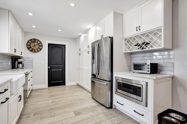 Interior, Kitchen, Recessed Lighting, Stainless Steel Appliances, Wood Texture Flooring