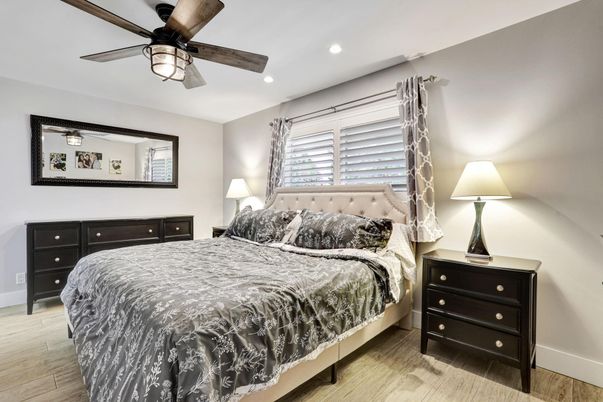 Bedroom, Interior, Recessed Lighting, Wood Texture Flooring