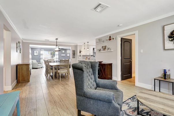 Dining room, Interior, Living room, Pendant Lights, Wood Texture Flooring