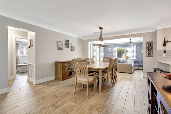 Dining room, Fireplace, Interior, Living room, Pendant Lights, Wood Texture Flooring