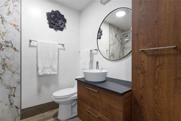 Bathroom, Interior, Marble Walls, Wood Texture Flooring