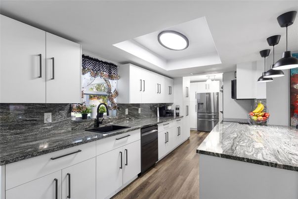 Interior, Kitchen, Pendant Lights, Recessed Lighting, Stainless Steel Appliances, Wood Texture Flooring