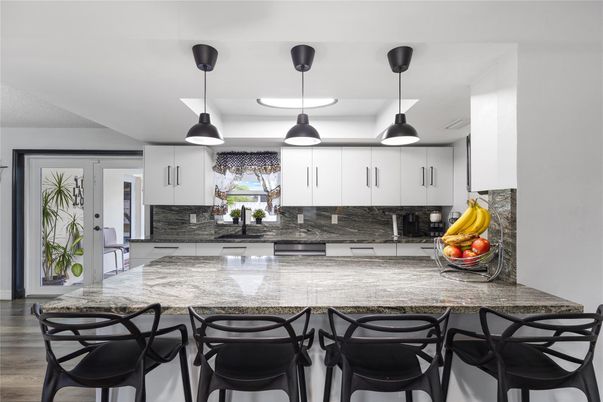 Interior, Kitchen, Pendant Lights, Wood Texture Flooring