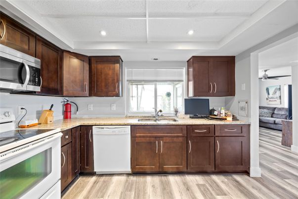 Interior, Kitchen, Recessed Lighting, Wood Texture Flooring