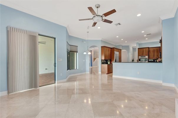 Empty room, Interior, Kitchen, Pendant Lights, Recessed Lighting, Stainless Steel Appliances