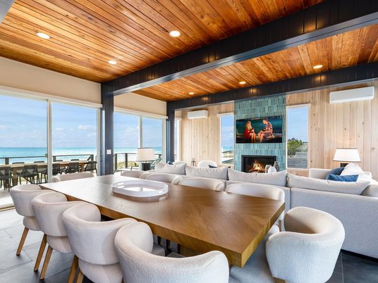 Dining room, Fireplace, Interior, Living room, Recessed Lighting, Water, Wooden Beams, Wooden Ceilings, Wooden Walls