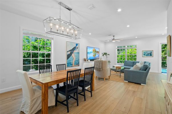 Dining room, Interior, Living room, Pendant Lights, Recessed Lighting, Wood Texture Flooring