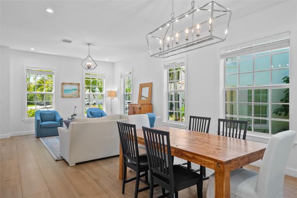 Dining room, Interior, Living room, Pendant Lights, Recessed Lighting, Wood Texture Flooring