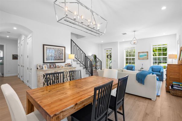 Dining room, Interior, Living room, Pendant Lights, Recessed Lighting, Wood Texture Flooring