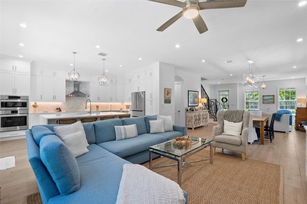 Dining room, Interior, Kitchen, Living room, Pendant Lights, Recessed Lighting, Stainless Steel Appliances, Wood Texture Flooring
