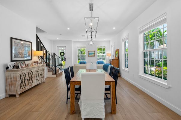 Dining room, Interior, Pendant Lights, Recessed Lighting, Wood Texture Flooring