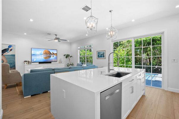 Interior, Kitchen, Living room, Pendant Lights, Recessed Lighting, Wood Texture Flooring