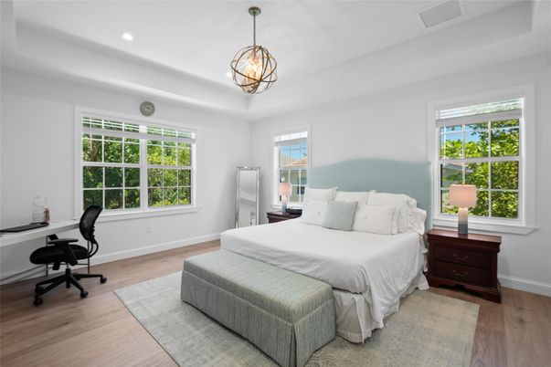 Bedroom, Chandelier, Home Office, Interior, Pendant Lights, Recessed Lighting, Wood Texture Flooring